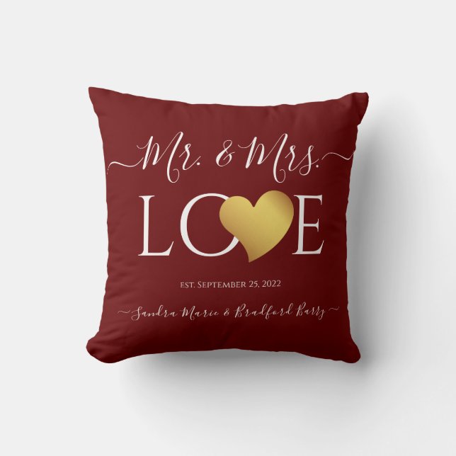 Wedding Black Gold Heart Script Name Mr. and Mrs.  Throw Pillow (Front)