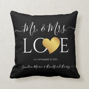 Wedding Black Gold Heart Script Name Mr. and Mrs. Throw Pillow