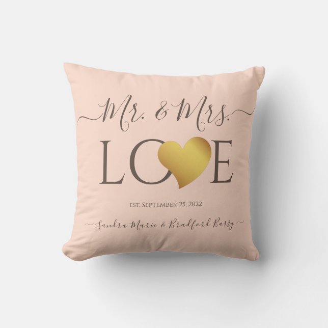 Wedding Black Gold Heart Script Name Mr. and Mrs.  Throw Pillow (Front)