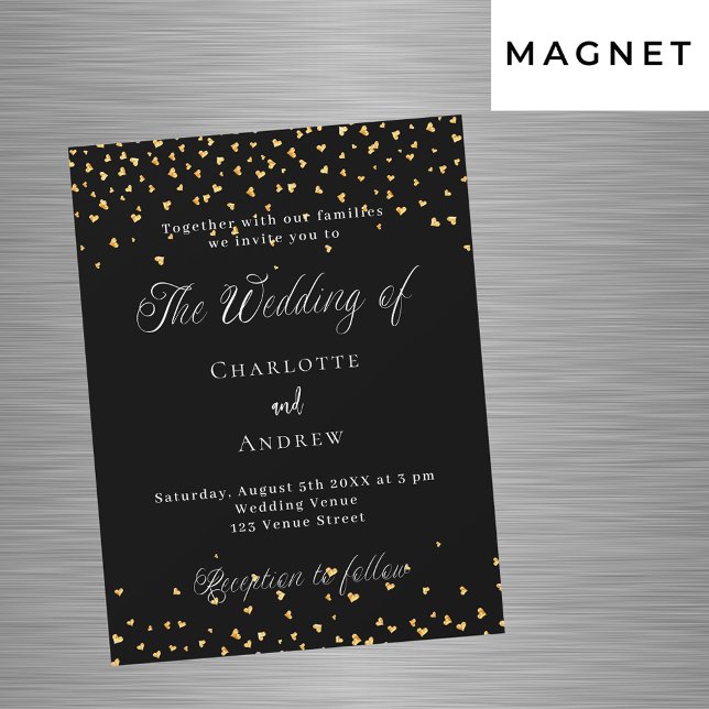 Wedding black gold hearts elegant script luxury magnetic invitation (Creator Uploaded)