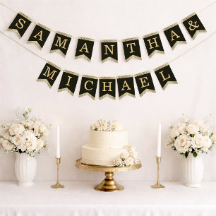 Wedding Black Gold Names Elegant Vintage Floral  B Bunting Flags