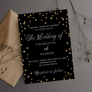 Wedding black gold stars elegant script invitation postcard