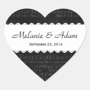 Wedding Black Musical Pattern Scalloped Ribbon V14 Heart Sticker