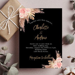 Wedding black pampas grass rose gold florals boho invitation postcard