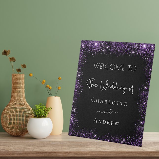 Wedding black purple sparkles welcome pedestal sign (Creator Uploaded)