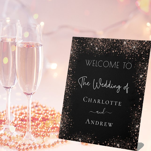 Wedding black rose gold glitter welcome pedestal sign (Creator Uploaded)