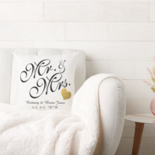 Wedding Black Script Gold Heart Name Mr. and Mrs. Throw Pillow
