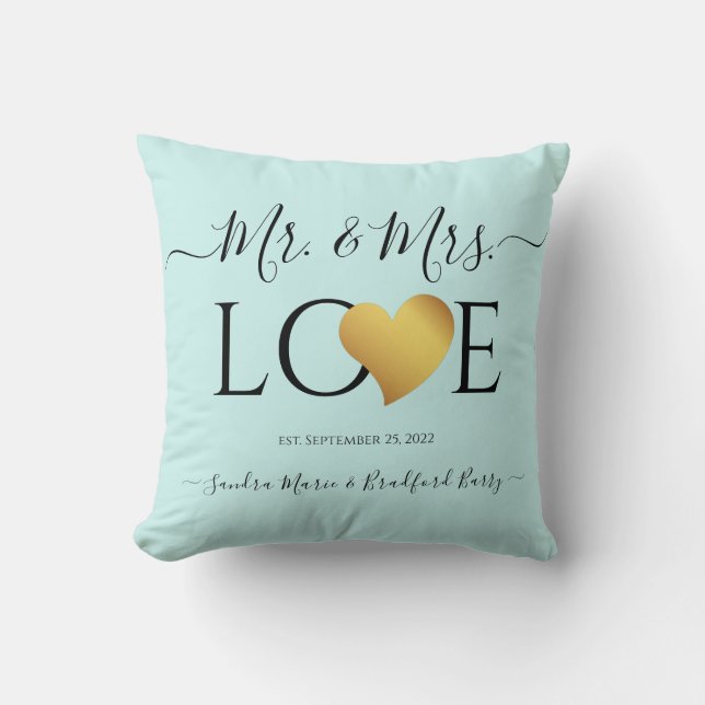 Wedding Black Script  Heart Name Mr. and Mrs Throw Pillow (Front)
