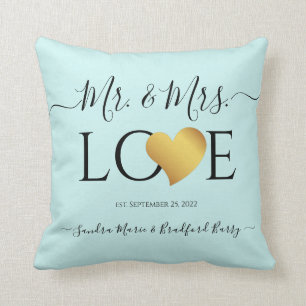 Wedding Black Script Heart Name Mr. and Mrs Throw Pillow