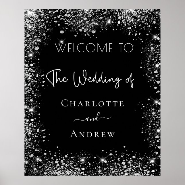 Wedding black silver glitter welcome sign (Front)