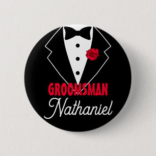 Wedding Black Tie Tuxedo, Red Rose, Customizable 2 Inch Round Button