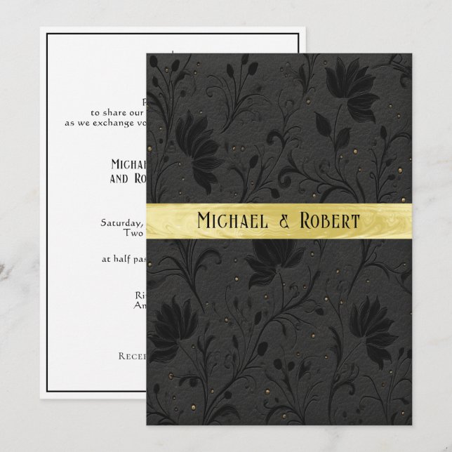 Wedding Black Tooled Leather Gold Ribbon Invitation (Front/Back)