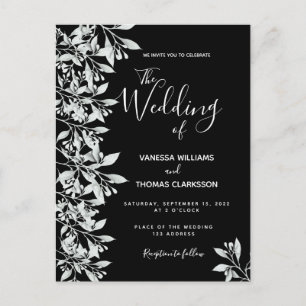 Wedding black white botanical script invitation postcard