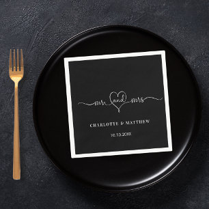 Wedding black white mr mrs heart script simple napkin