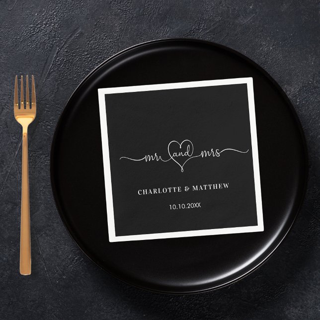 Wedding black white mr mrs heart script simple napkin (Creator Uploaded)