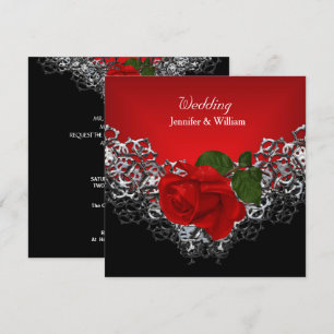 Wedding Black White Silver Deep RED Rose Invitation