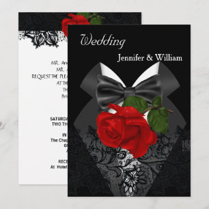 Wedding Black White Tuxedo Deep RED Rose 2 Invitation