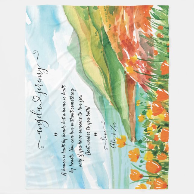 Wedding Blanket with Ocean, Blue Skies and Flowers (Front)