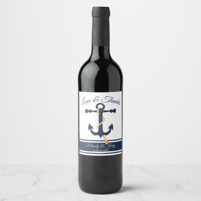 Wedding blue anchor personalized wine label (Front)
