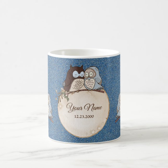 Wedding Blue Brown Owl Glitter Beautiful Coffee Mug (Center)
