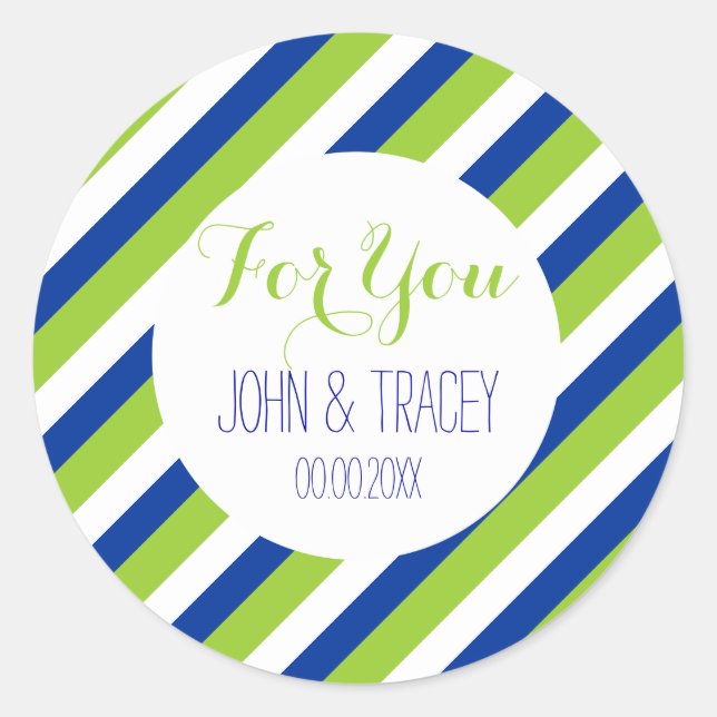 wedding blue cobalt green stripes classic round sticker (Front)