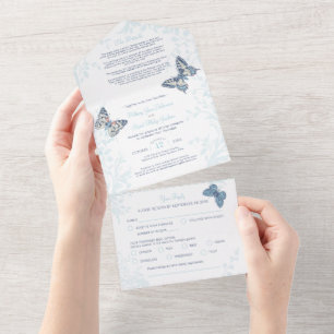 Wedding blue cream butterflies meal RSVP details All In One Invitation