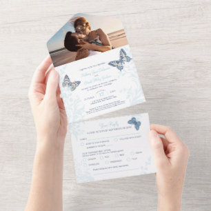Wedding blue cream butterflies photo meal RSVP All In One Invitation