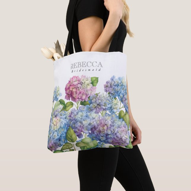 Wedding Blue Hydrangea Floral Bridesmaid Tote Bag (Close Up)
