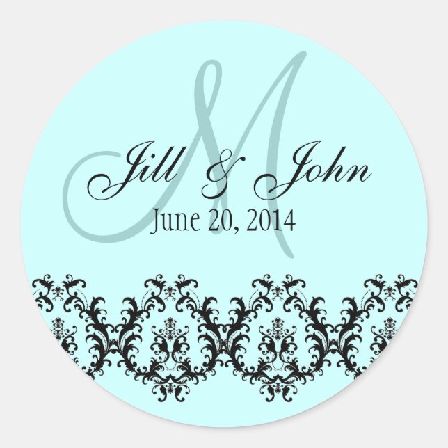 Wedding Blue Monogram Save the Date Classic Round Sticker (Front)
