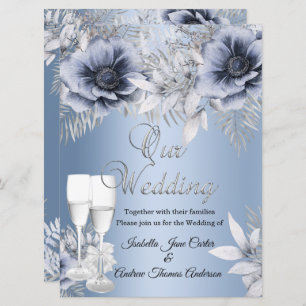 Wedding Blue Silver Floral Bouquet Champagne Invitation