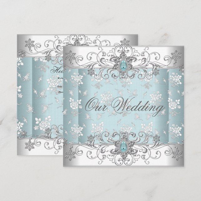Wedding Blue Silver White Diamond Jewel Lace Invitation (Front/Back)