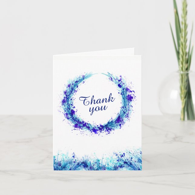 Wedding blue splash wreath art thank you card (Front)
