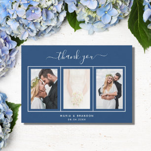 Wedding blue white photo script thank you card