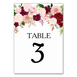 Wedding Blush Burgundy Flower  Watercolor  Table Number