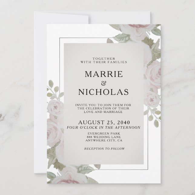 Wedding Blush Grey Pink Rose Floral Watercolor (Front)