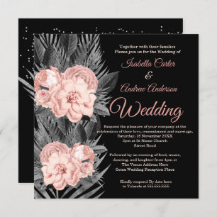 Wedding Blush Peach Charcoal Floral Black Invitation