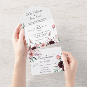 Wedding Blush Pink and Burgundy Floral Watercolor All In One Invitation