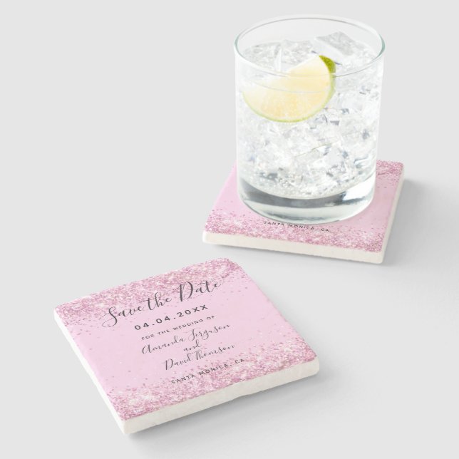 Wedding blush pink glitter Save the Date Stone Coaster (Side)
