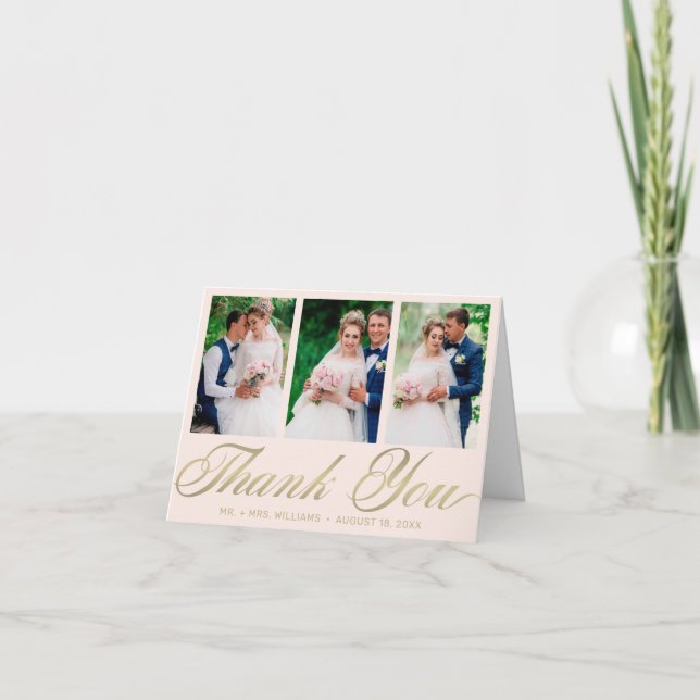 Wedding Blush Pink Gold Script 3 Photo Collage Thank You Card (Front)