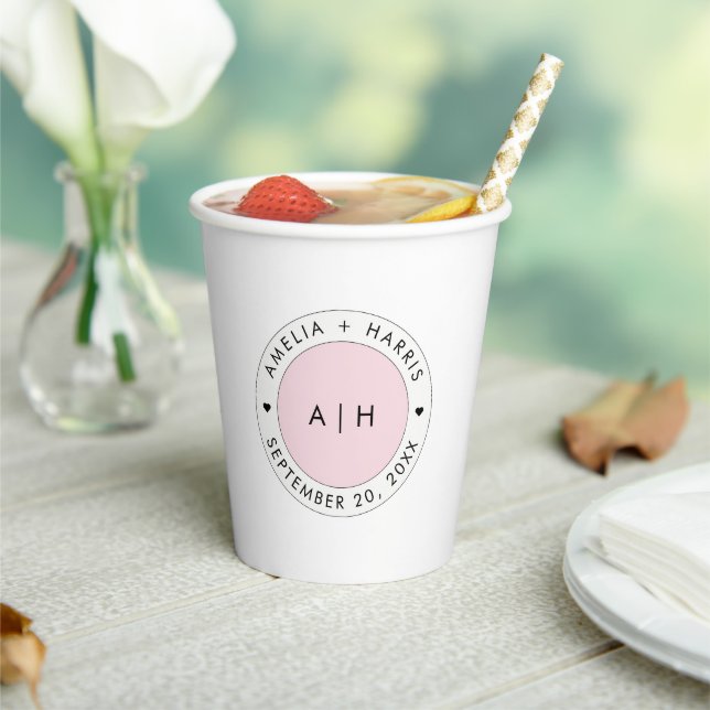 Wedding Blush Pink Initial Monogram Delicate Paper Cups (Insitu)