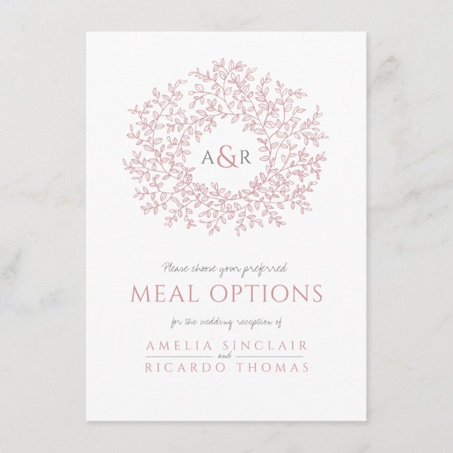 Wedding blush pink leaf monogram meal options enclosure card (Front)