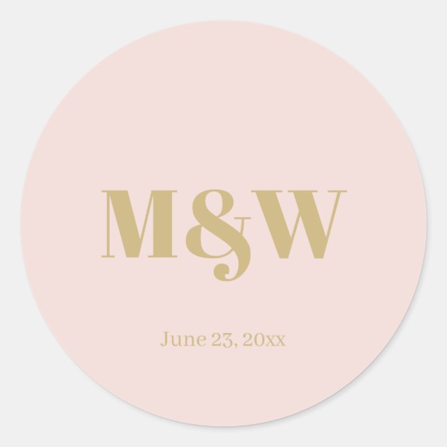 Wedding blush pink monogram custom gold initials classic round sticker (Front)
