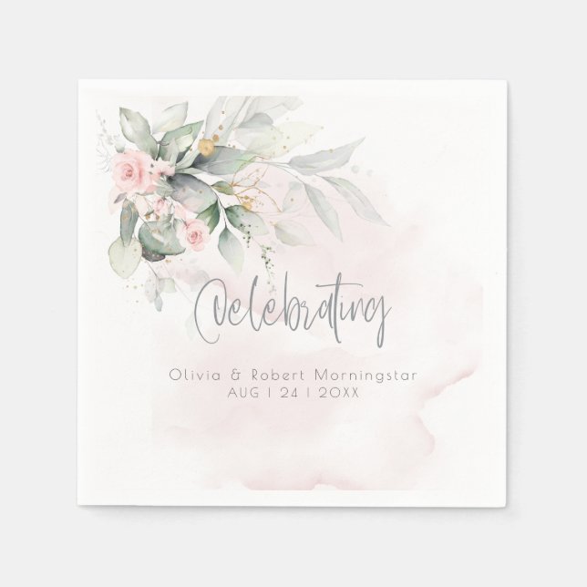 Wedding | Blush Pink Roses and Pale Eucalyptus Napkin (Front)