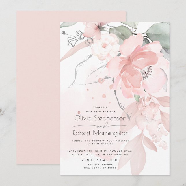 Wedding | Blush Pink Woodland Wild Rose  Invitatio Invitation (Front/Back)