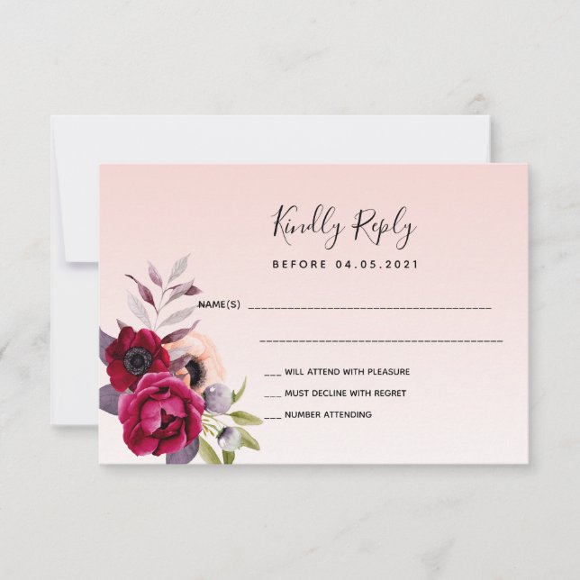 Wedding blush rose gold floral RSVP Card (Front)