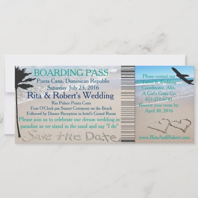 Wedding Boarding Pass Ticket Save the Date Ocean (Front)
