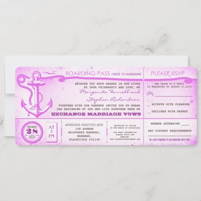 wedding boarding pass-vintage tickets with RSVP Invitation (Front)