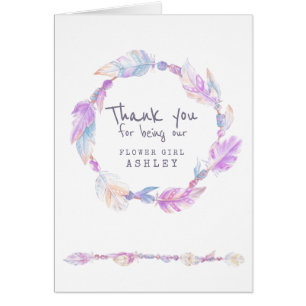 Wedding boho flower girl purple feathers thank you