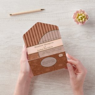 Wedding Boho Orange & Brown Geometric Stripe All In One Invitation