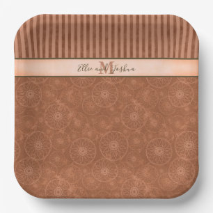 Wedding Boho Orange & Brown Geometric Stripe Paper Plate